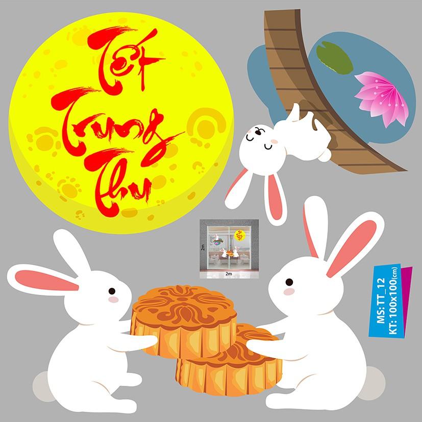 DECAL TRANG TRÍ TRUNG THU SỐ 12 THỎ NGỌC THƯỞNG BÁNH TRUNG THU