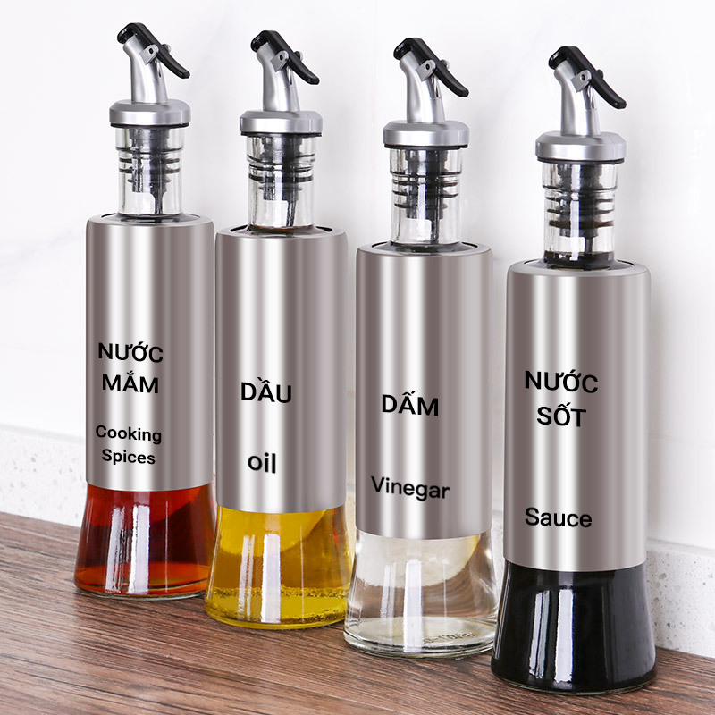 Chai rót dầu ăn thủy tinh bọc Inox 304, chai chiết gia vị 300ml, lọ gia vị nhà bếp