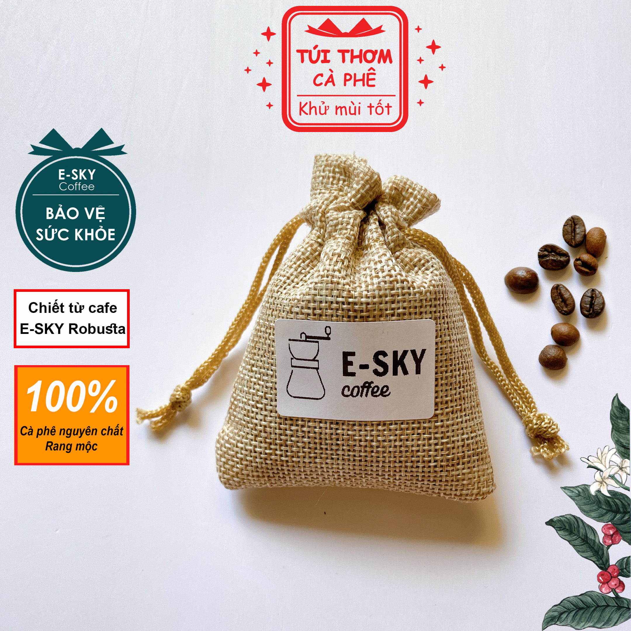 Túi Thơm Cà Phê E-SKY Coffee Khử MùI Ô Tô, Tủ Lạnh, Tủ Quần Áo, Văn Phòng, Nhà Ở Bằng Túi Vải Bố Lanh 20gr