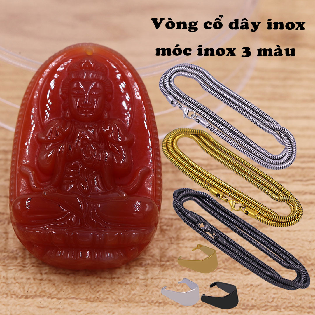 Mặt dây chuyền Đại nhật như lai mã não đỏ 3.6 cm kèm dây chuyền inox vàng, Phật bản mệnh, mặt dây chuyền phong thủy