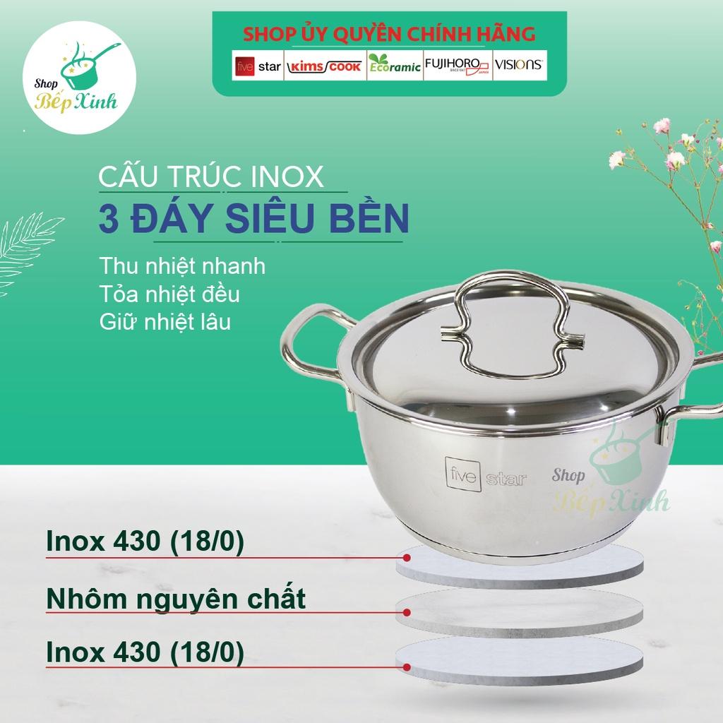 Bộ nồi inox FIVESTAR 5 chiếc 3 đáy bếp từ nắp inox ( 1 quánh 18cm x 1 N20cm , 1bộ nồi xửng 24cm, 1 chảo caro 24cm )