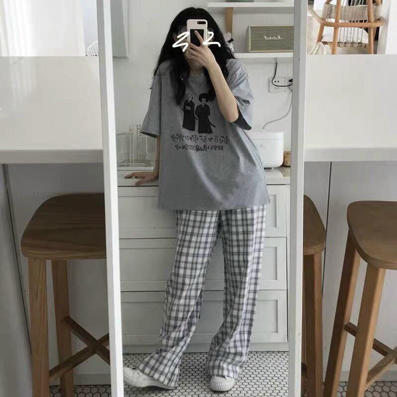 Đồ bộ mặc ở nhà, Set bộ quần kẻ caro kèm áo xám form thụng tay lỡ, set đồ bộ giá rẻ đi học đi chơi