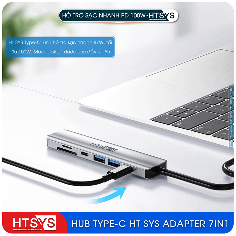 Hub Type C HT SYS 7 in 1 To HDMI, USB 3.0, SD, TF, USB C, PD 100W - Hàng Chính Hãng