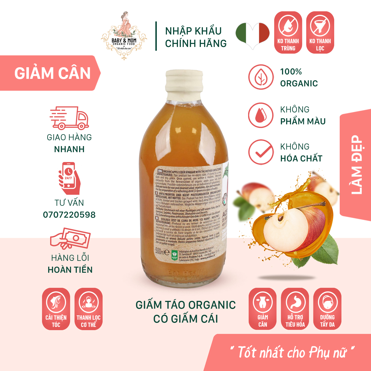 Giấm Táo Hữu Cơ Có Giấm Cái 500ml ProBios