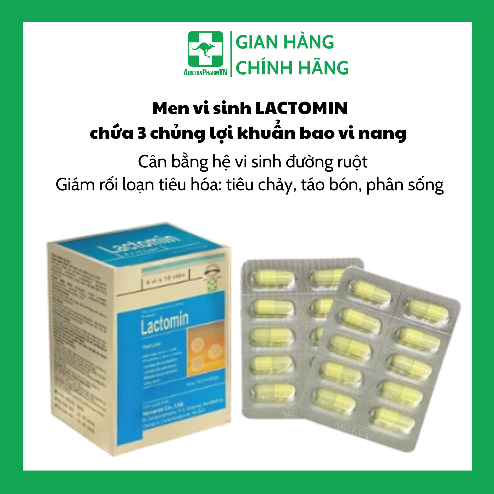 Lactomin (viên nang) bổ sung 3 loại men vi sinh có ích được bao vi nang, dùng cho người bị tiêu chảy, táo bón, dùng kháng sinh dài ngày