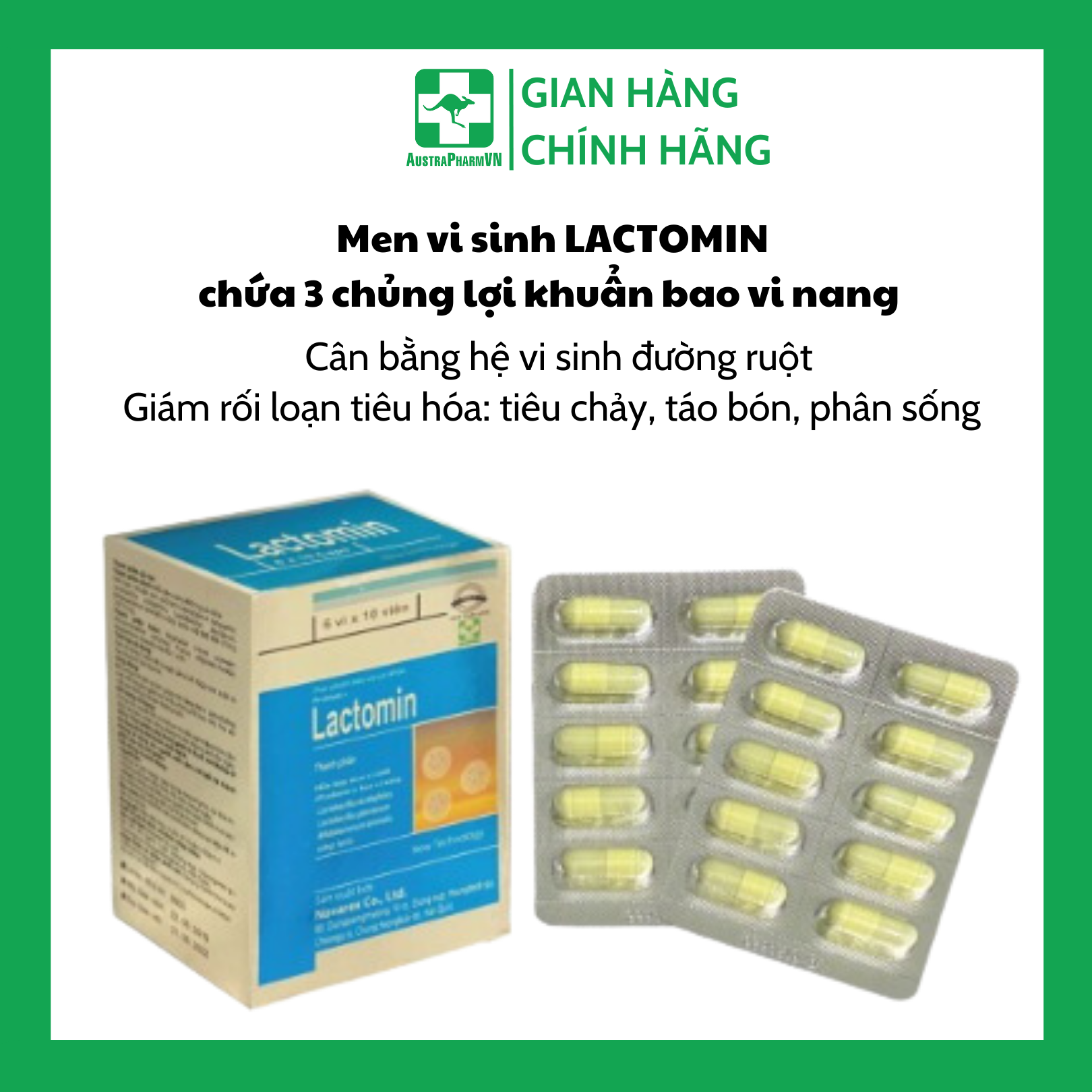 Lactomin bổ sung 3 loại men vi sinh có ích được bao vi nang, dùng cho người bị tiêu chảy, táo bón, dùng kháng sinh dài ngày