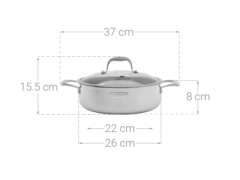 Chảo Inox liền khối 2 Tay Cầm, Sâu Lòng, Kiêm Nồi Lẩu Elmich Trimax XS EL-3847 size 26cm