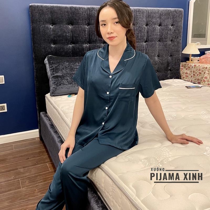 Bộ lụa Pijama Tay Ngắn Quần đùi và dài màu xanh cổ vịt - Hàng Chuẩn đẹp