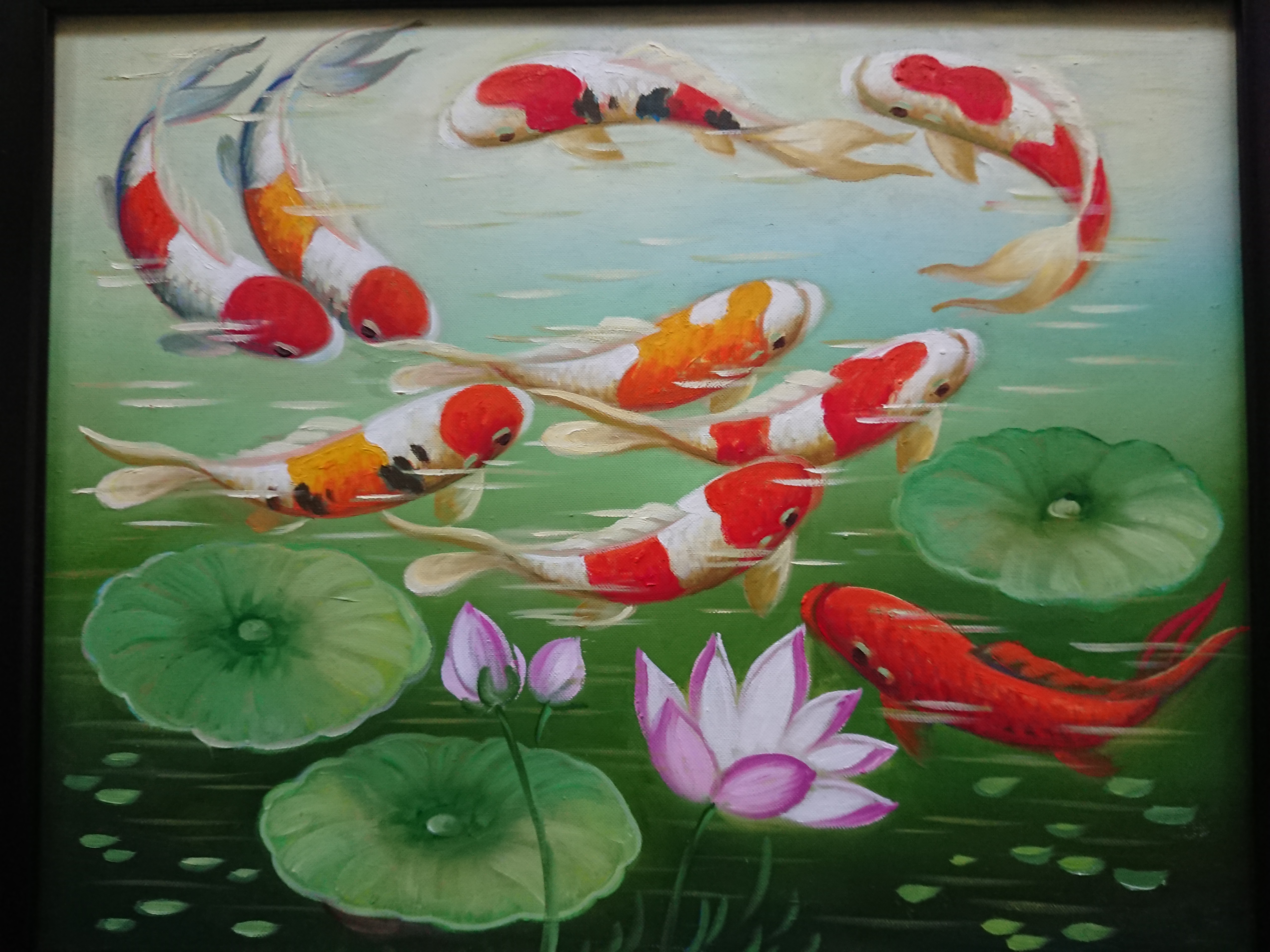 Tranh Sơn Dầu Vẽ Tay - Bầy Cá Chép 40x50cm