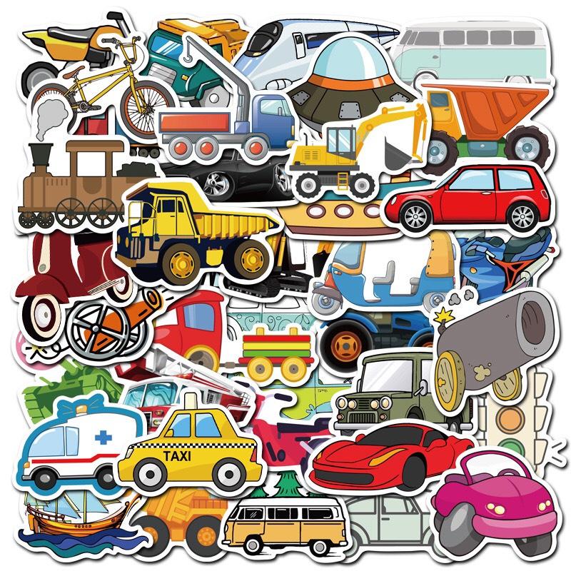 Set 50 Sticker Decal Chống Nước hình ô tô, siêu xe, ufo, robot Dễ Thương Dán Nón BH, laptop, vali, xe, tập vở