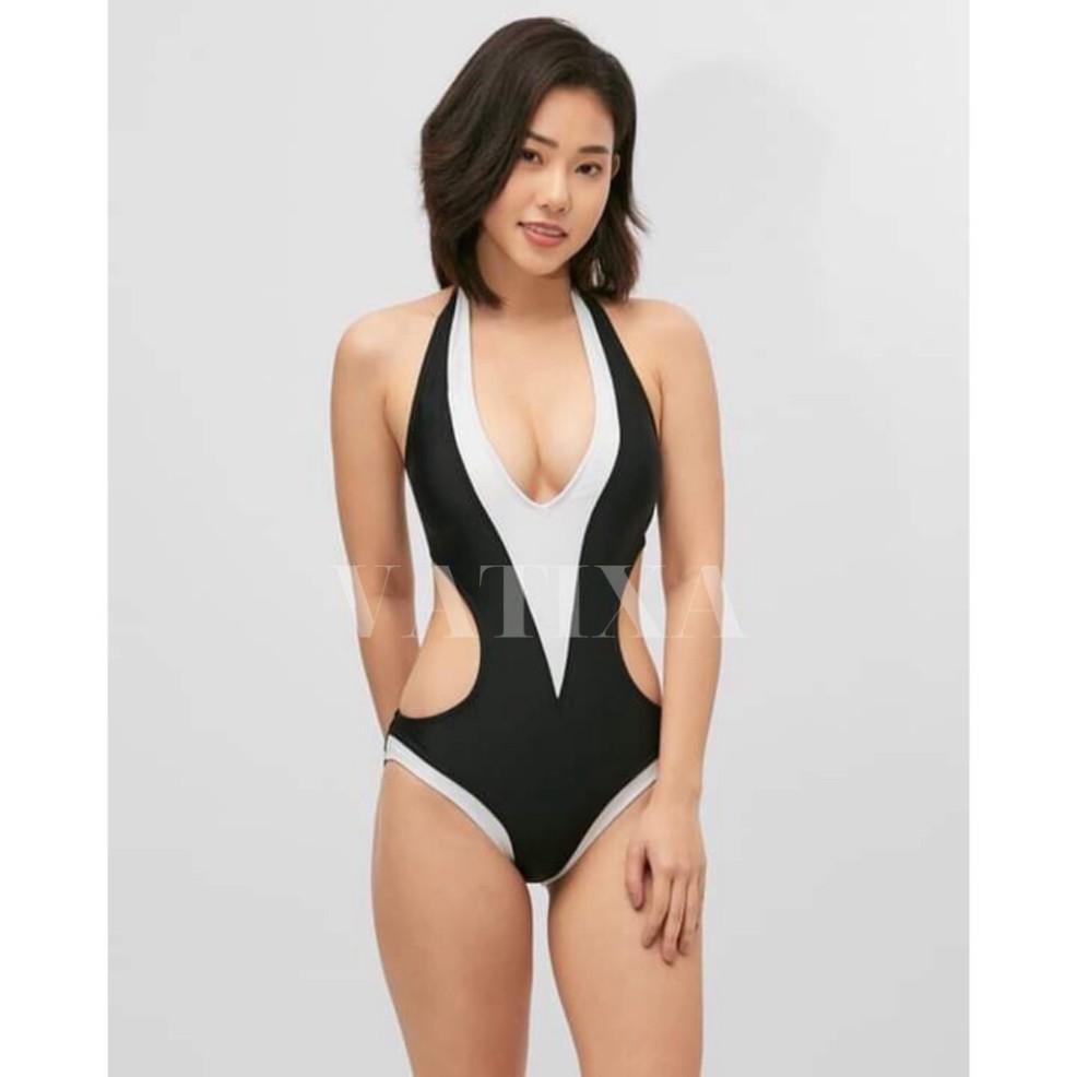 Đồ bơi Bikini 1 mảnh cut out đen viền trắng sang chảnh VATIXA BKN02