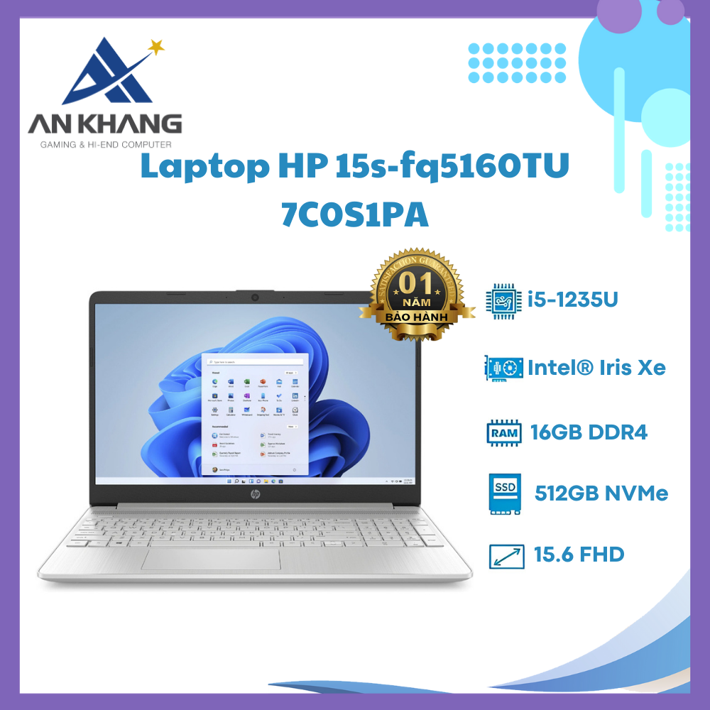 Laptop HP 15s fq5160TU 7C0S1PA (Core i5 1235U/ 16GB/ 512GB SSD/ Intel Iris Xe Graphics/ 15.6inch Full HD/ Windows 11 Home/ Bạc) - Hàng Chính Hãng - Bảo Hành 12 Tháng Tại HP Việt Nam