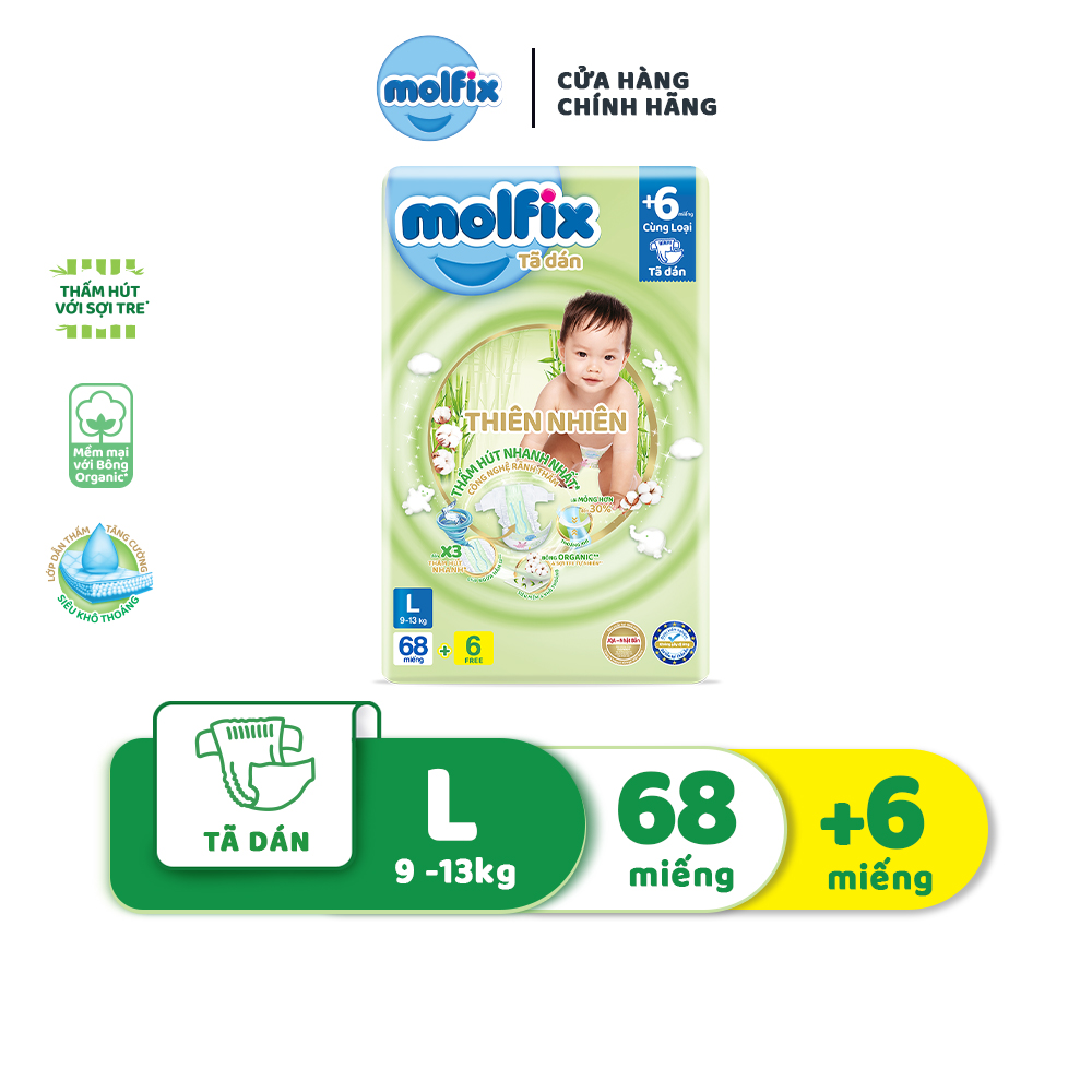Tã/bỉm dán Molfix Thiên nhiên Super Jumbo L - Gói 68+8 miếng