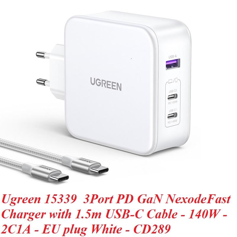 Ugreen UG15339CD289TK 140W 2c1a GaN Nexode kèm cáp USB-C dài 1.5M Bộ sạc nhanh 2 x USB-C + 1 x USB-A Màu Trắng - HÀNG CHÍNH HÃNG