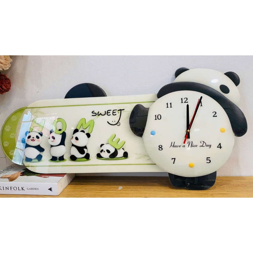 (HCM) Tranh đồng hồ đèn led tráng gương gấu trúc dễ thương 3 trang trí phòng bé kèm đinh treo