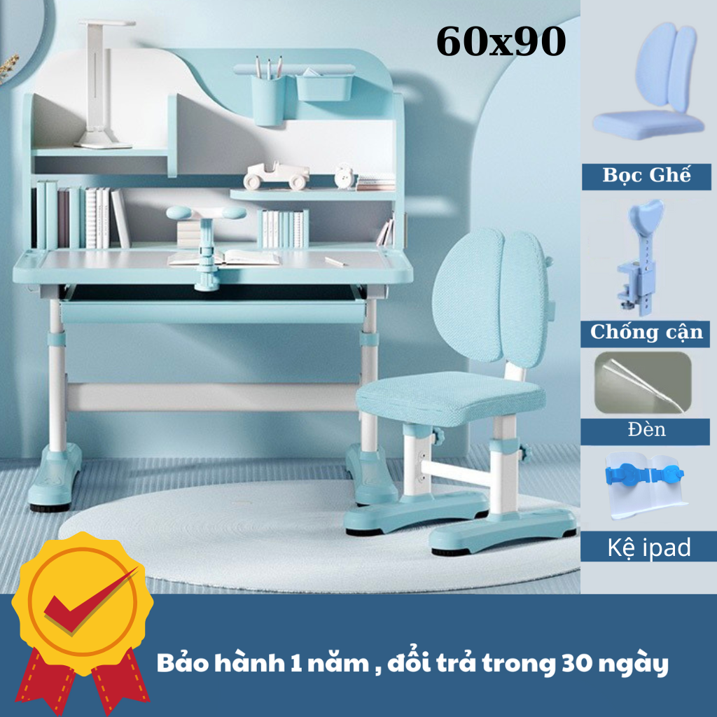 Bộ bàn học chống gù F04, Bàn học cho bé kèm giá sách vòm, Thiết kế mới, Kích thước lớn 90cm