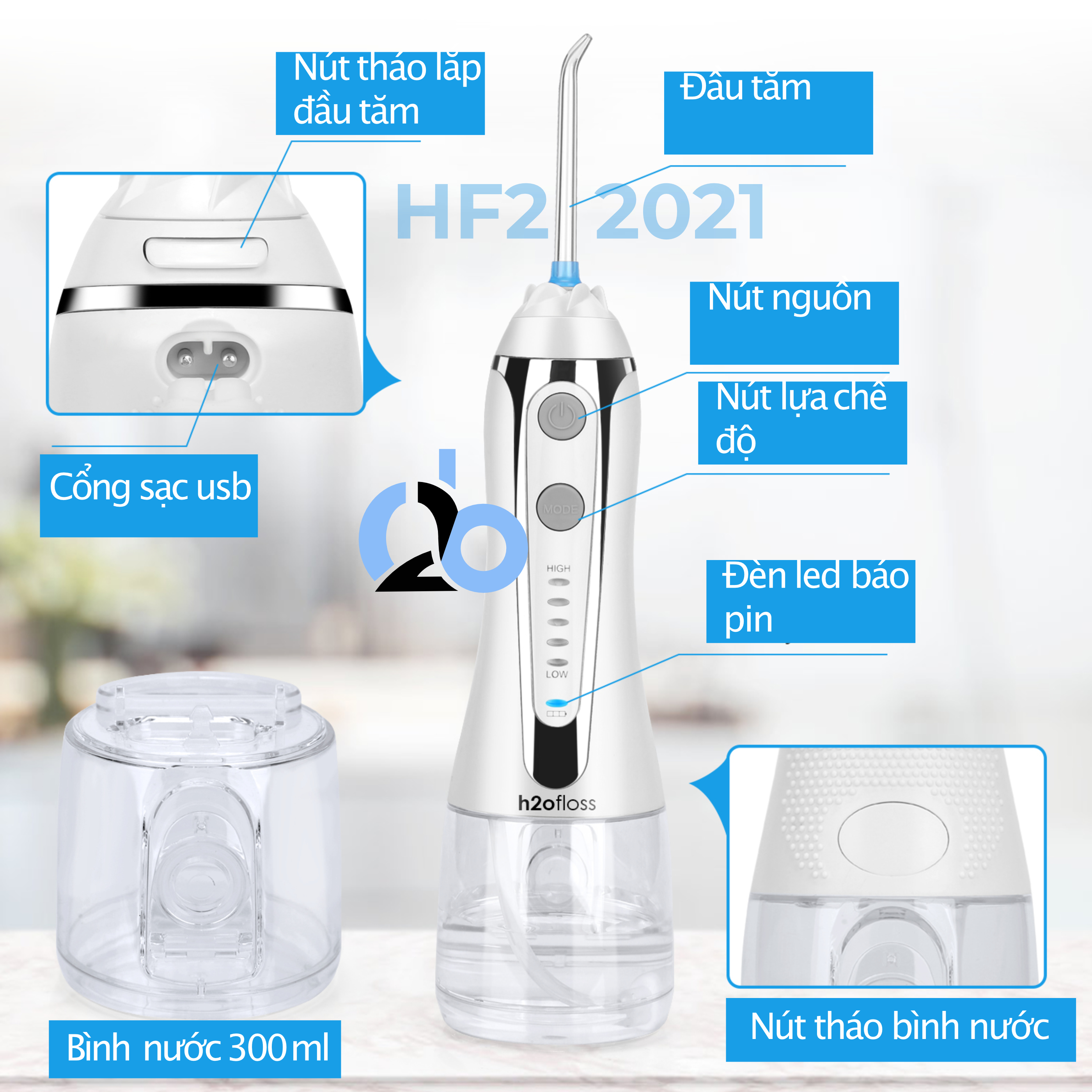 Tăm nước cầm tay H2ofloss HF-2 phiên bản nâng cấp được phân phối độc quyền với nút mở bình nước tiện lợi, tặng kèm 7 đầu tăm, củ sạc nguồn thấp