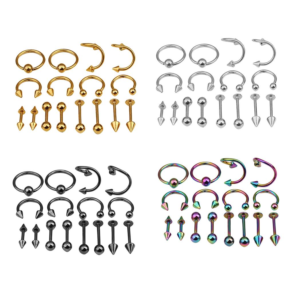 16/Pack Stainless Steel Ear Studs Labret Lip Rings Nose Tongue