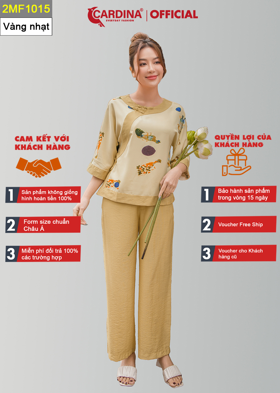 Đồ Bộ Nữ CARDINA Cao Cấp Bộ Đi Chùa Áo Lụa Mango Họa Tiết Cổ Tấc Cách Tân Tay Lỡ Quần Dài Chất Đũi Bamboo 2MF10