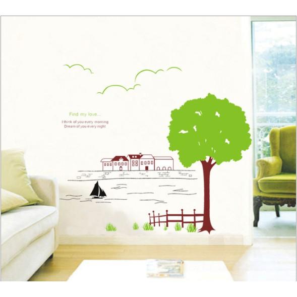 Decal trang trí cây xanh lớn và dòng sông