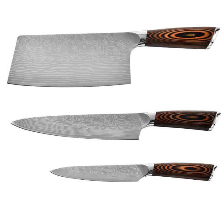 Bộ 3 Dao Nhà Bếp Nhật Khắc Vân Damascus Cao Cấp