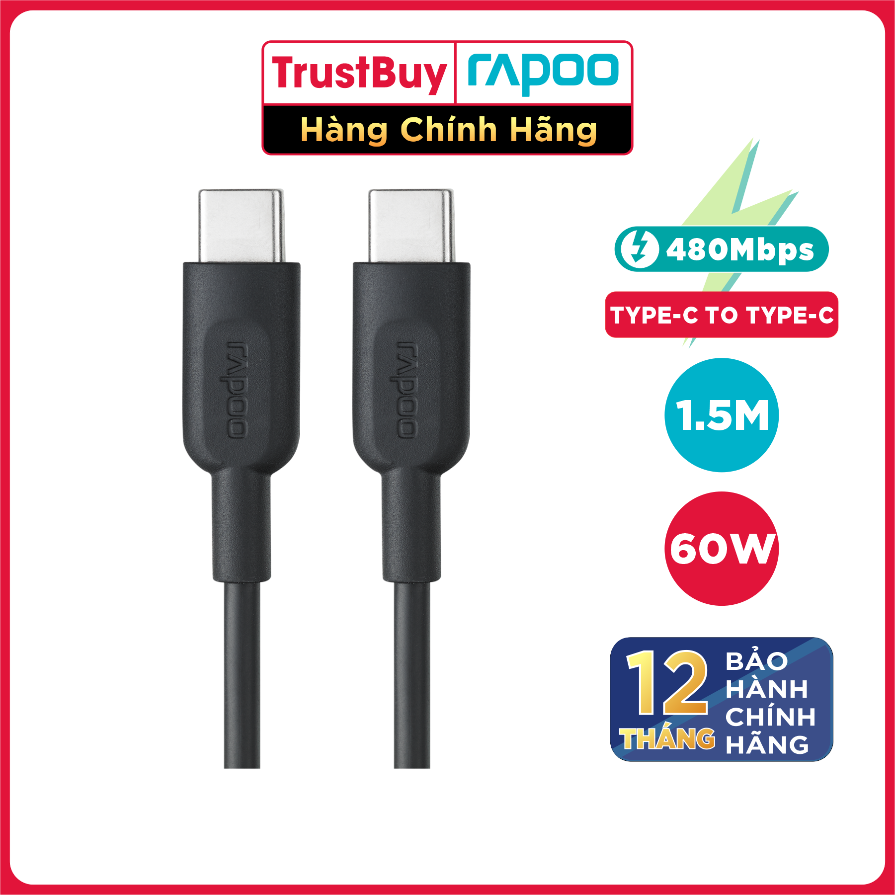 Dây Cáp Sạc Nhanh USB Type C to Type C Dài 1.5M Chuyên Sạc Macbook, Laptop, Smartphone Rapoo PD60 - Hàng Chính Hãng