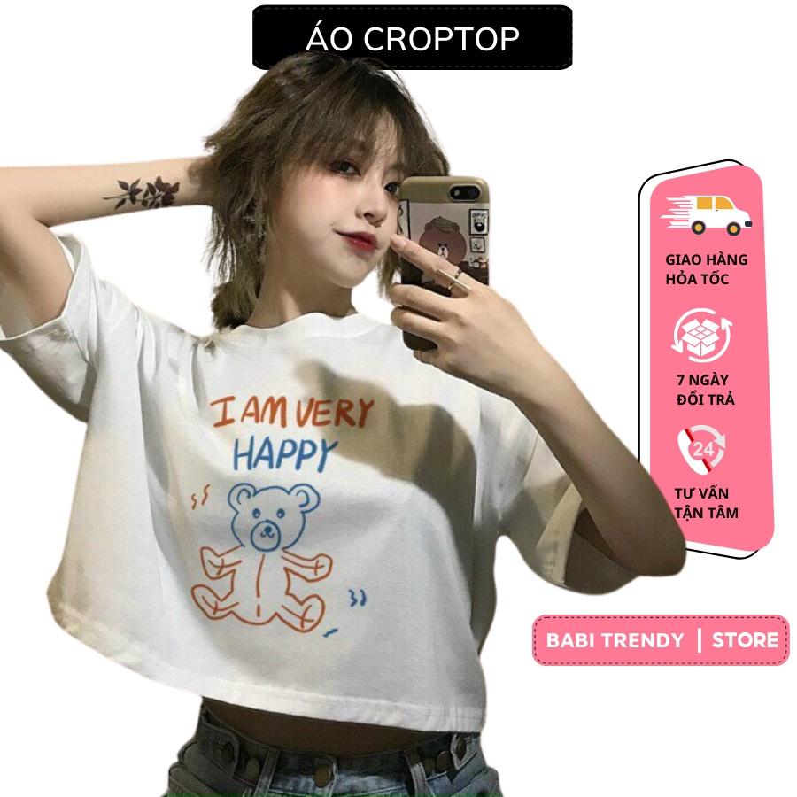 Áo Croptop tay lỡ phong cách Hàn Quốc In Nổi Gấu Very Happy - Babi Trendy CRI04