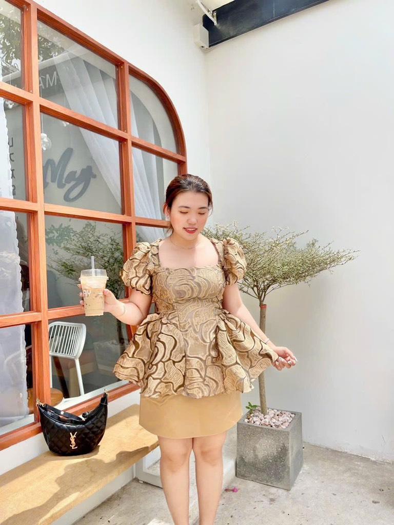 Sét váy áo peplum gấm hoa hồng bigsize