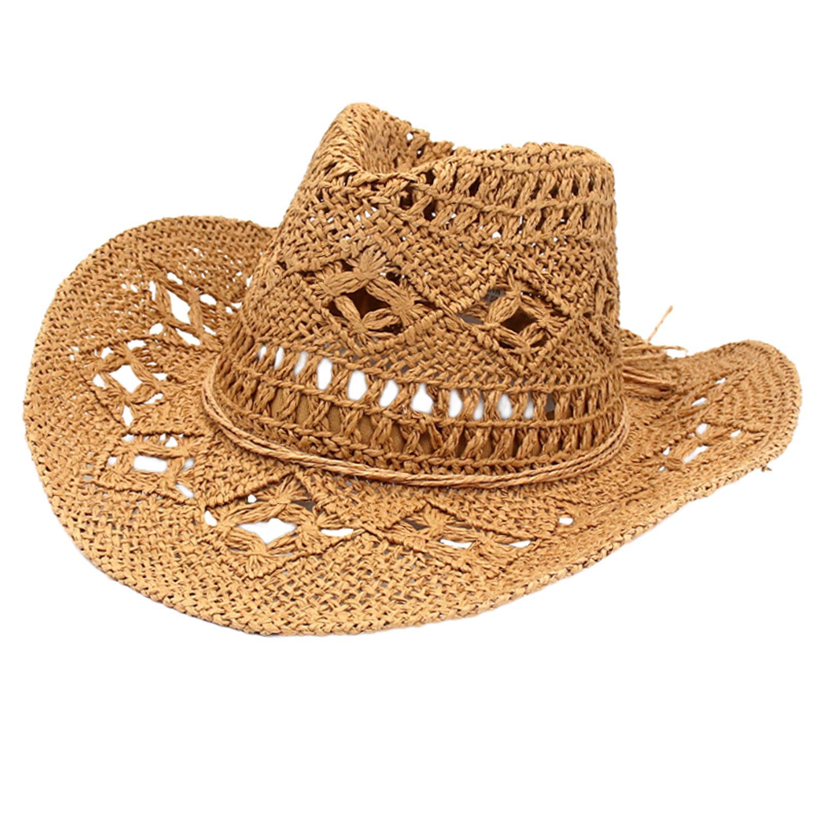 Straw Cowboy Hat Handmade Weave Straw Hats Wide  Hat for Holiday Khaki