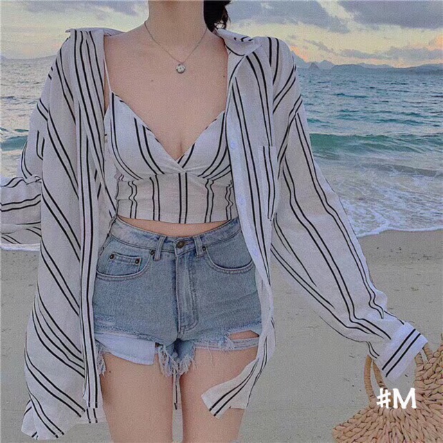 Bộ Áo Sơ Mi Kẻ Áo Bra Nữ 2 Dây Set Somi Dài Tay Kèm Áo Lót Có Mút Ngực X023