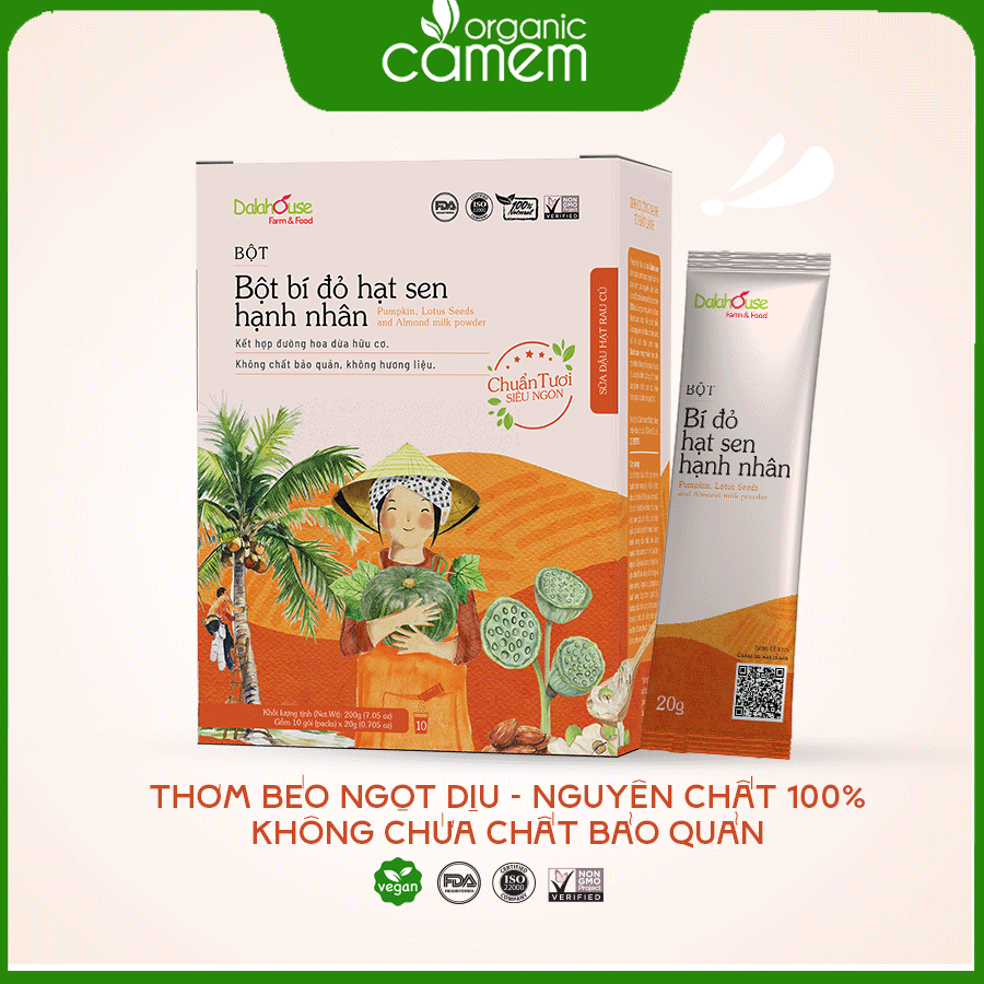 Sữa Hạt Rau Củ_Bột Bí Đỏ Hạt Sen Hạnh Nhân Dalahouse - Hộp 10 gói x 20 gram