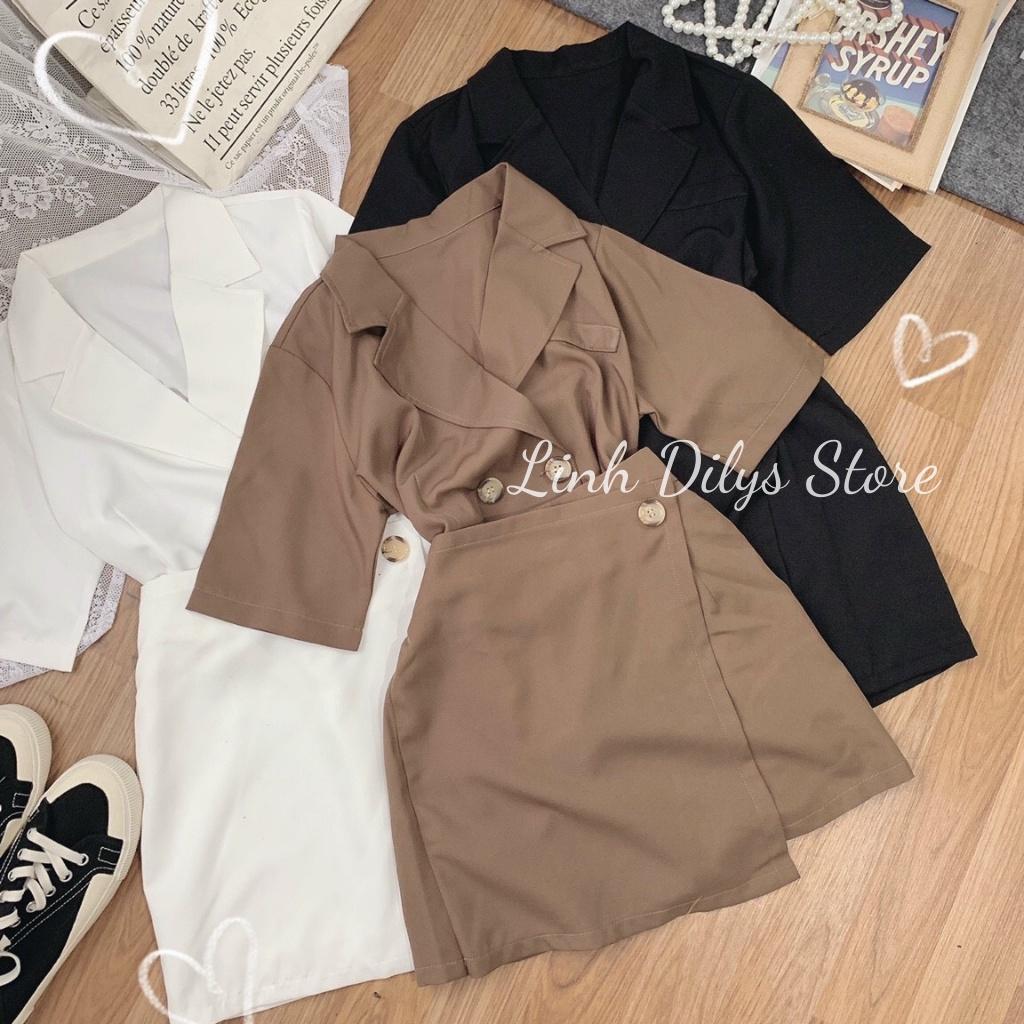 Sét Áo Vest Croptop Mix Chân Váy Lưng Thun Áo Vest Croptop 2 Nút Linh Dilys Store