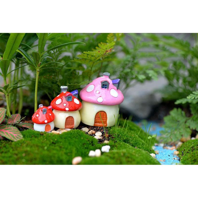 Tiểu cảnh ️ Mô hình ngôi nhà nấm nhiều màu sắc có ống khói trang trí sen đá, sân vườn, bể cá, bể terrarium