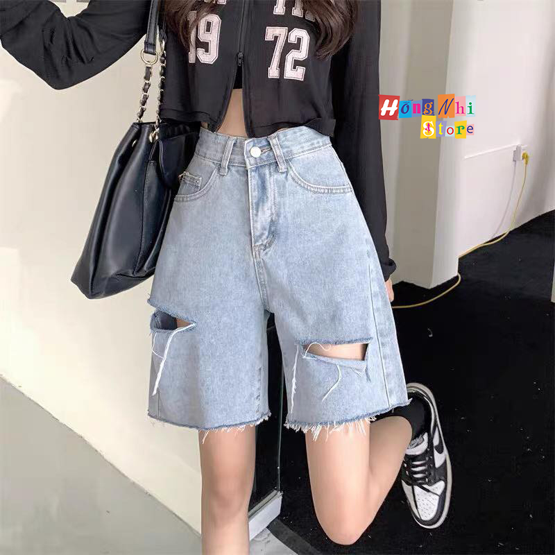 Quần Short Jean Ngố Đùi Rách Gối Cạp Cao Ống Rộng Ulzzang - MM