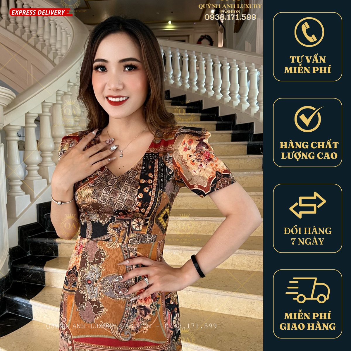 Váy Đầm Suông 3D Tone Vàng Thổ Cẩm Cổ Tim Lụa Vân Pháp Cao Cấp Mabel Dress