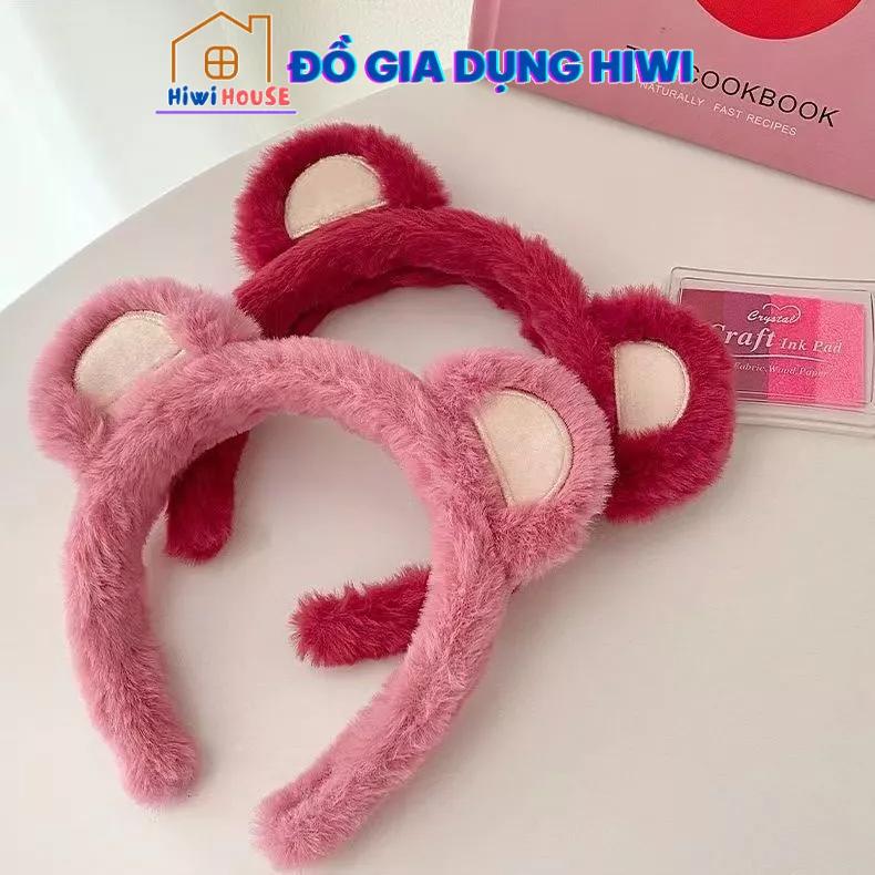 Bờm tóc băng đô tai gấu lông mềm mại màu hồng cute dễ thương phong cách Hàn Quốc