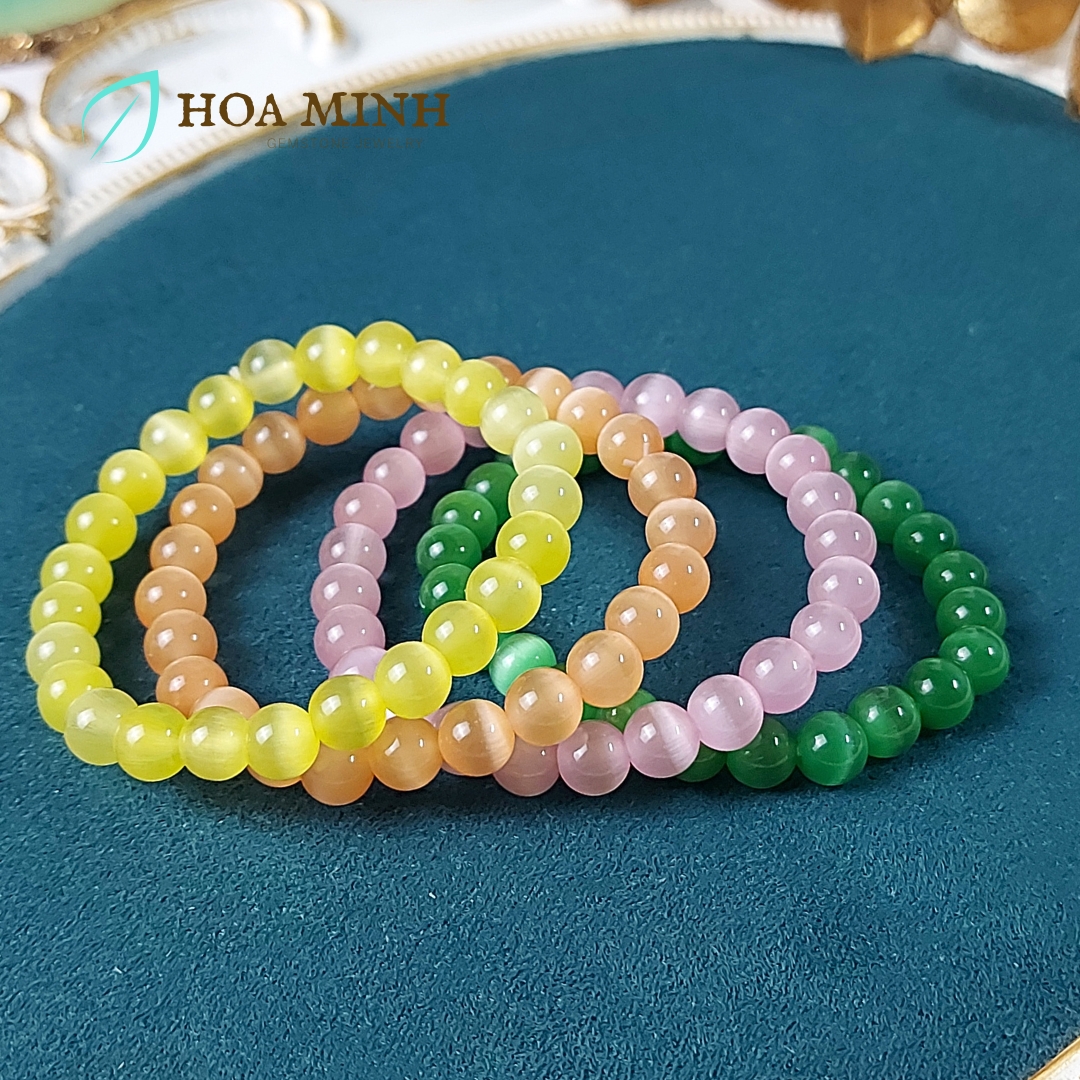 Vòng tay đá Mắt Mèo trơn size hạt 7.8 li đa sắc màu phong cách xinh xắn dễ thương