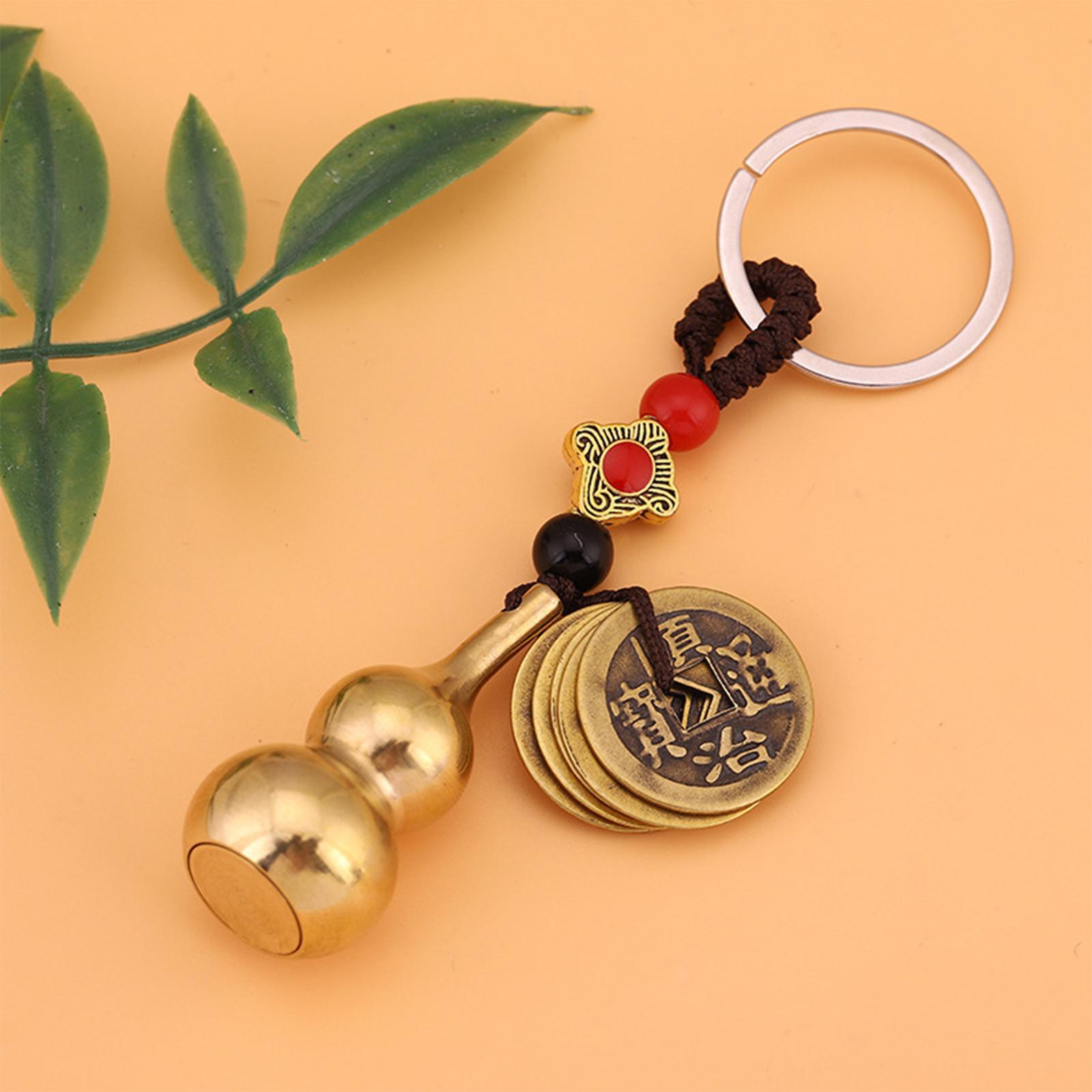 Vintage Brass Money Bag Keychain Gourd Blessing Lucky Feng Shui Coins for Bedroom Pendant