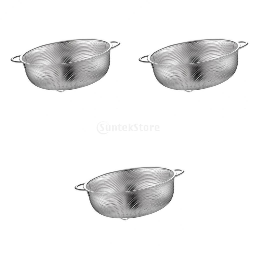 3x Stainless Steel Colander Noodles Draining Basket w/ Handles Storage