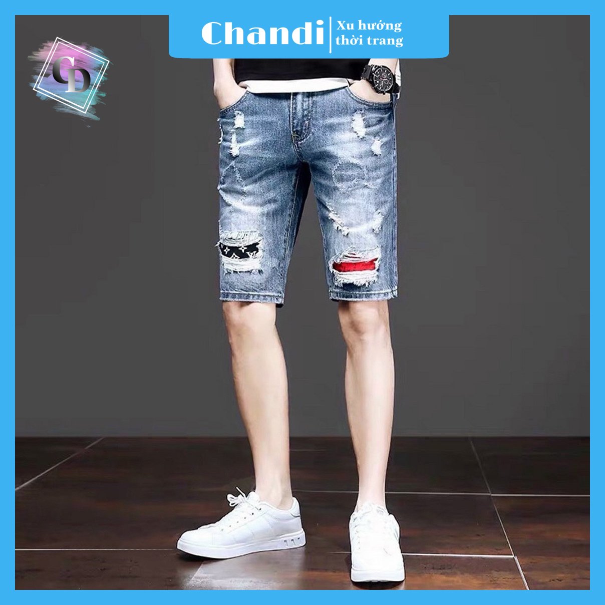 Quần Short Jean Nam co dãn kiểu dáng trẻ trung đơn giản thêu họa tiết Thương Hiệu Chandi, quần sọt mẫu hot nhất 2021 HD223