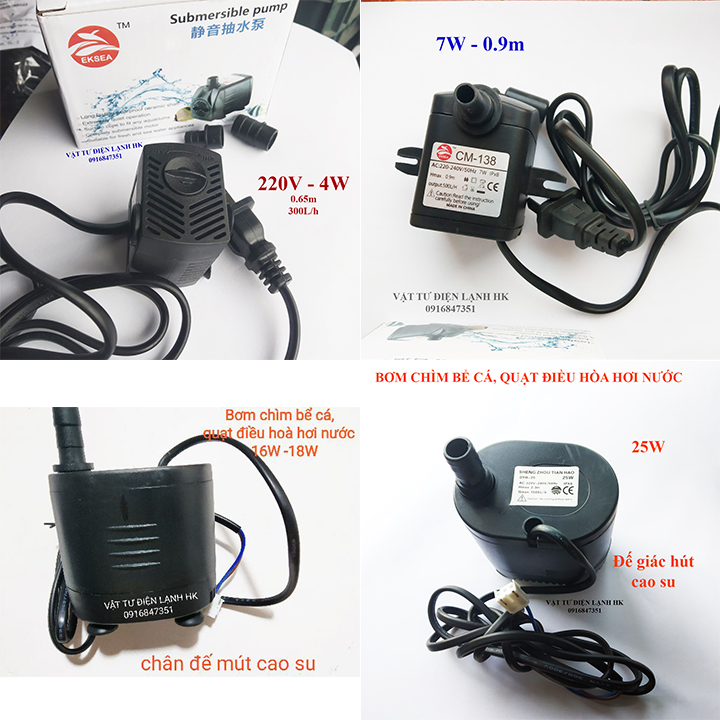 Bơm nước chìm mini 4W 7W 16W 18W 20W 25W - 220V quạt điều hoà phun sương hơi nước - bể cá thủy cảnh - hòn non bộ