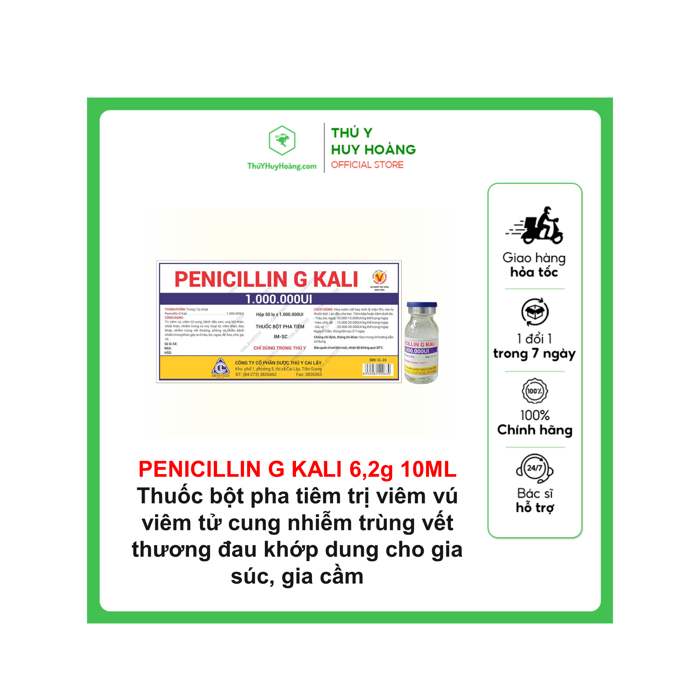 Thuốc bột pha tiêm PENICILLIN G KALI Trị viêm vú, viêm tử cung, bệnh dấu son và nhiều bệnh nhiễm trùng khác gây ra ở trâu, bò