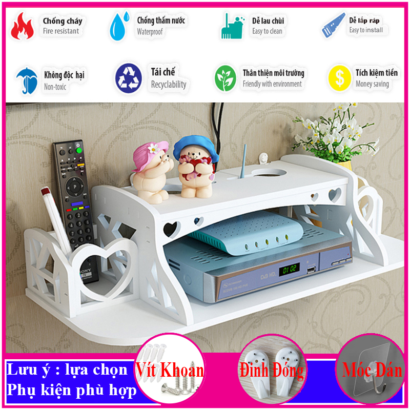 Kệ treo tường, kệ trang trí không cần khoan, đặt wifi, máy chiếu, điện thoại, remote, chất liệu gỗ pitech, màu trắng - a29