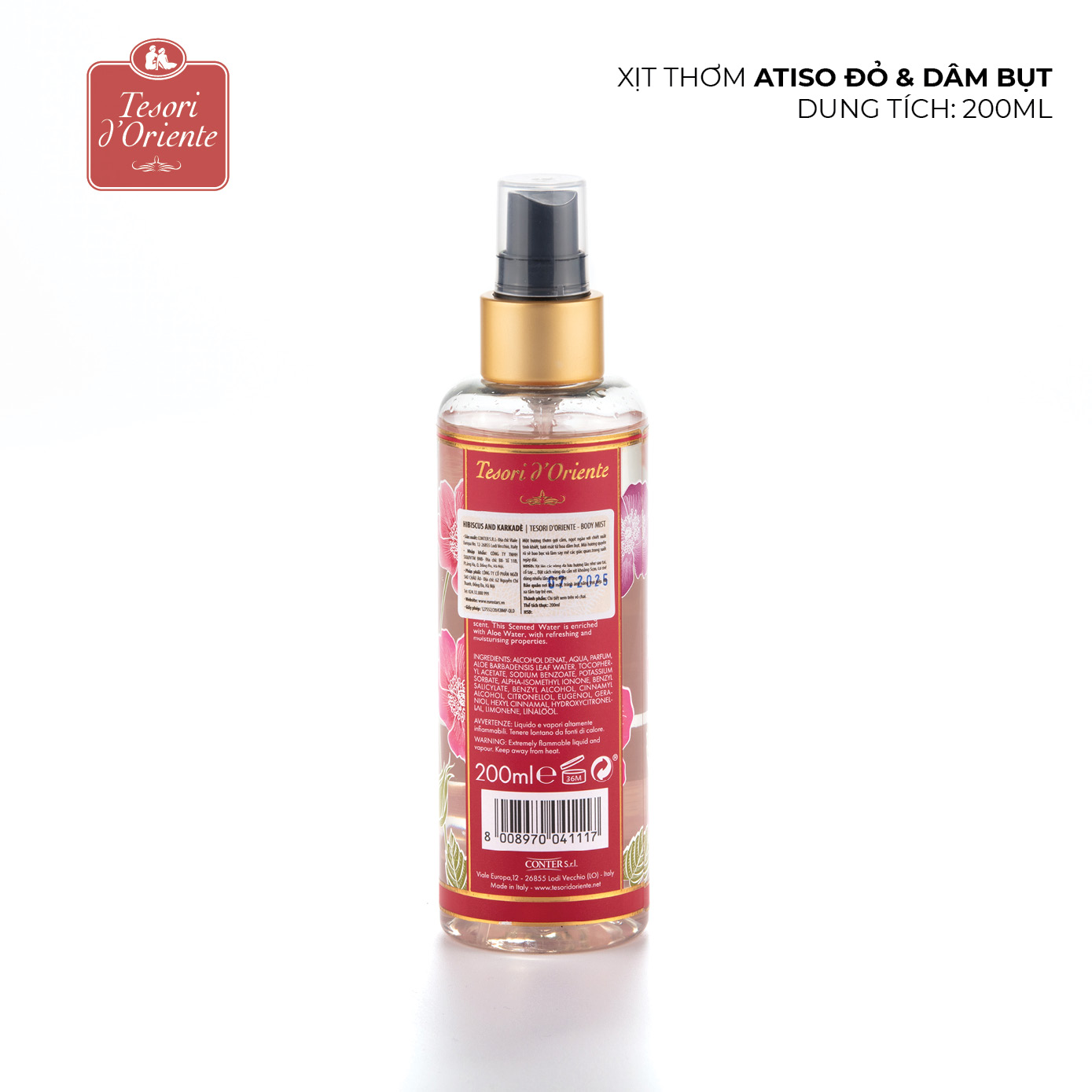 Xịt thơm dưỡng ẩm cơ thể (Body mist) Tesori d'Oriente Atiso đỏ và Hoa dâm bụt 200ml