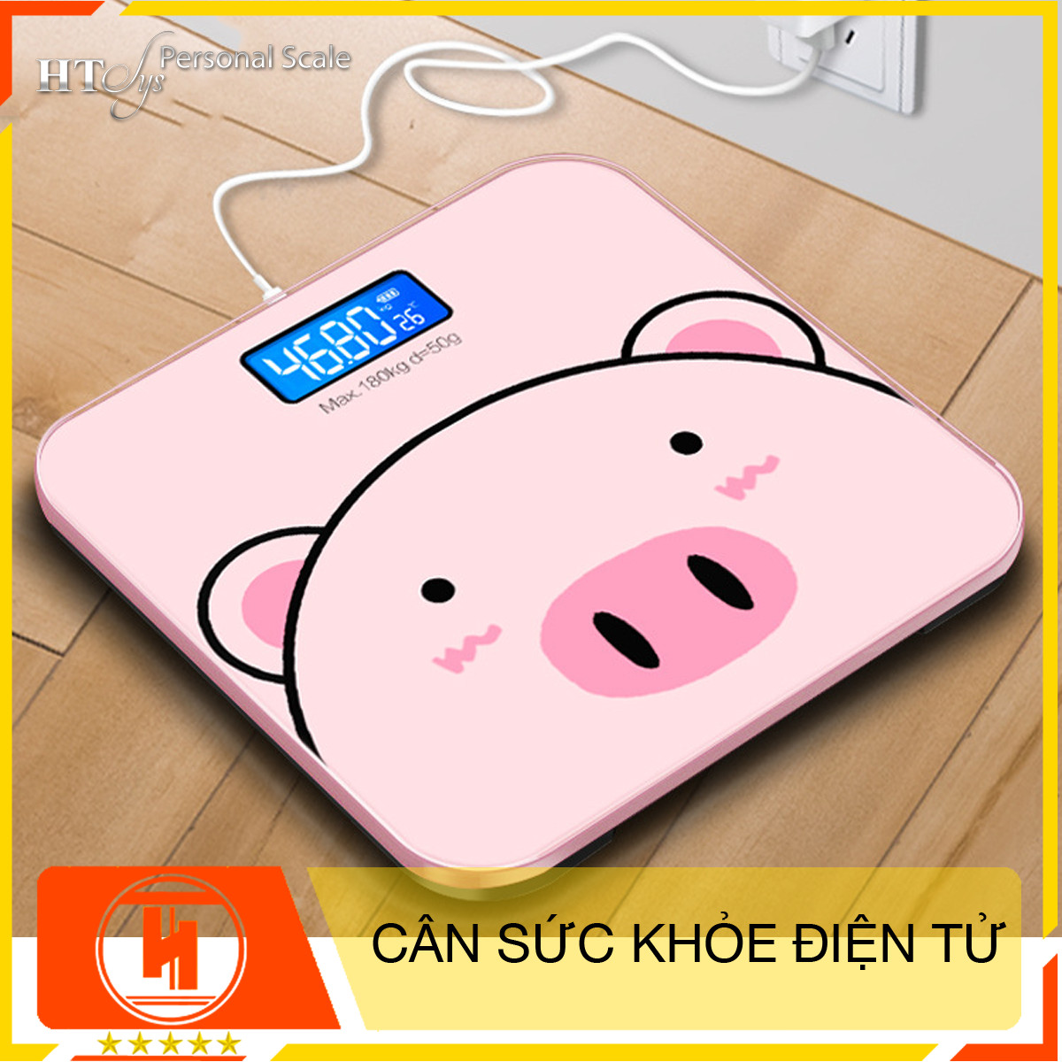 Cân điện tử sức khỏe HT SYS - 180KG-Cổng sạc USB - Hình Heo PiuPiu Hồng ( Tặng thước dây )