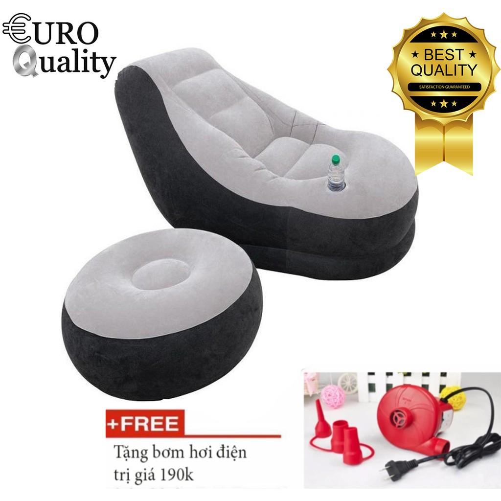 Ghế hơi tựa lưng kèm bơm điện 220V, ghế bọc nhung Lazy Sofa, có đôn gác chân