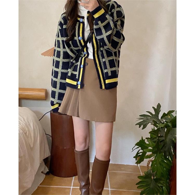 Áo khoác len cardigan nữ cổ tròn dài tay hoạt tiết caro kẻ vuông basic retro kiểu Hàn Quốc Quảng Châu chất đẹp D-6