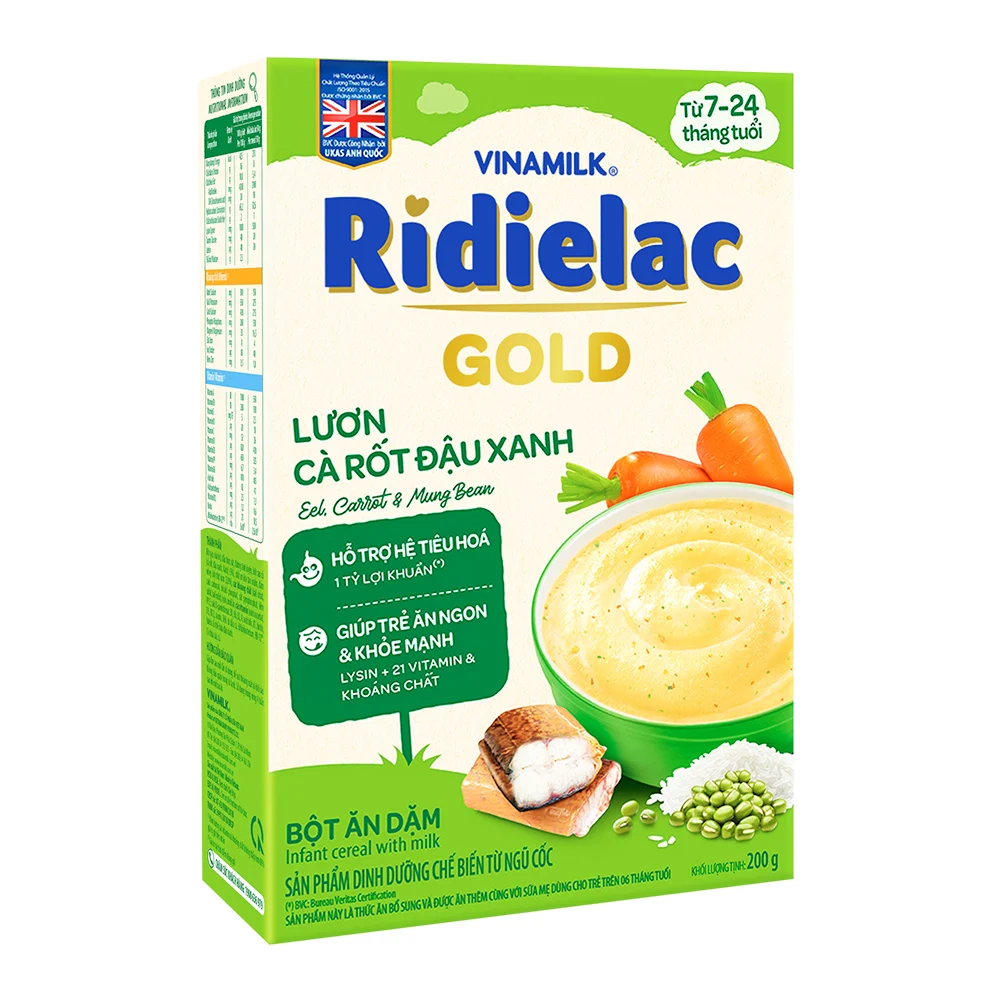 Bột ăn dặm Ridielac Gold lươn cà rốt đậu xanh hộp 200g (7 - 24 tháng)
