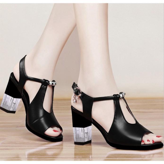 Giày sandal cao gót da mềm gót trụ mica trong suốt - CG71