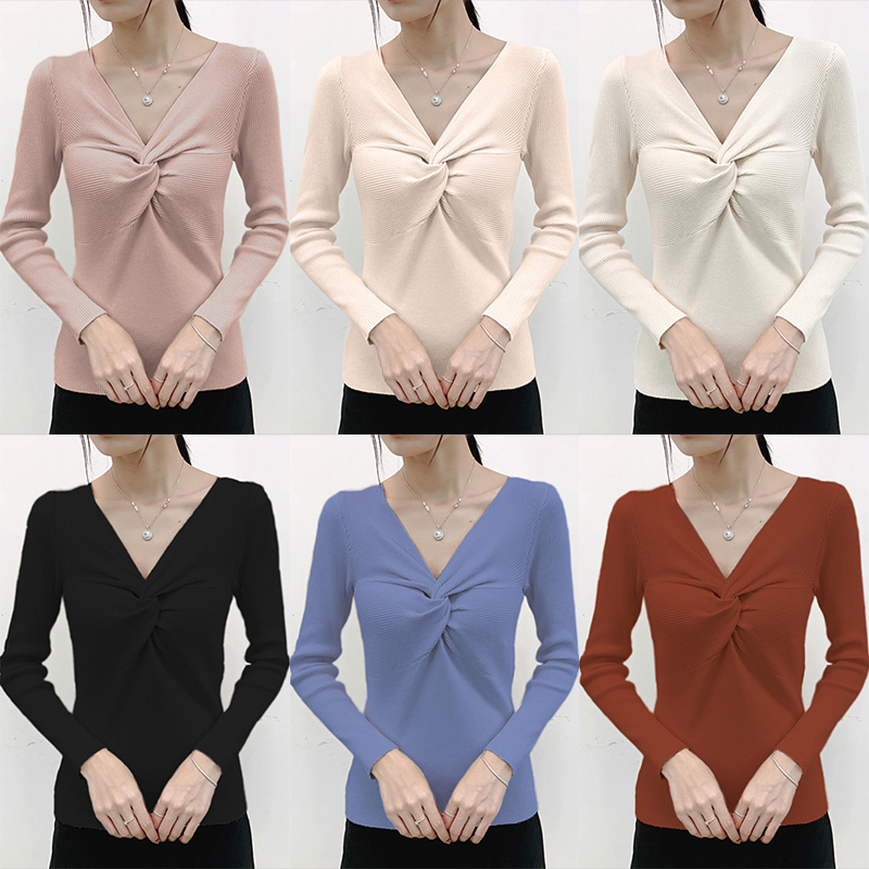Fashion Women Winter Knit Bottoming Sweater Front Twisting Knot V Neck Long Sleeve Solid Color Slim Knitwear Pullover